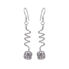 Sterling Silver  Rhodium Plated Dangling Twisted Wire Hanging Ball Chandelier Hook Earring With CZ Stones