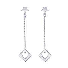 Sterling Silver Rhodium Plated Wired Square Open Heart Shape Dangling Stud Earrings