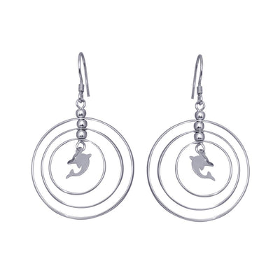 Sterling Silver  Rhodium Plated Open Graduated Circle Center Dolphin Dangling Hook Earrings