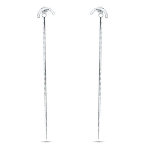 Sterling Silver Rhodium Plated Multi Herringbone Dangling Crescent Stud Earrings