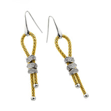 Load image into Gallery viewer, Sterling Silver Gold Plated Dangling Ribbon Hook Earrings with 3 Rectangular Paved CZ InlayAnd Earring Dimensions of 71MMx10.75MM