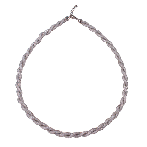 Sterling Silver Black Rhodium Plated Rope-Mesh Inlay Swarovski Crystals Necklace