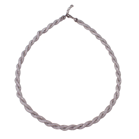 Sterling Silver Black Rhodium Plated Rope-Mesh Inlay Swarovski Crystals Necklace