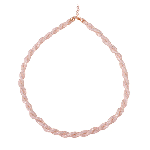 Sterling Silver Rose Gold Plated Rope-Mesh Inlay Swarovski Crystals Necklace