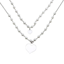 Load image into Gallery viewer, Sterling Silver Rhodium Plated Double Chain Synthetic Pearl and Heart Pendant Necklace