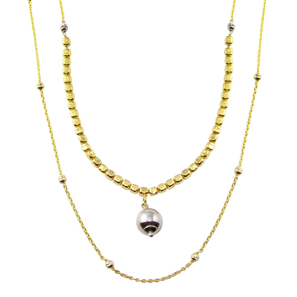 Sterling Silver Gold Plated Multi Chain Cube and Bead Necklace