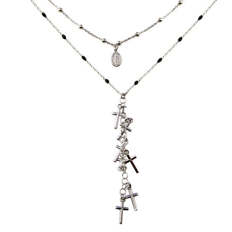 Sterling Silver Rhodium Plated Dangling Crosses Enamel Bead Necklace