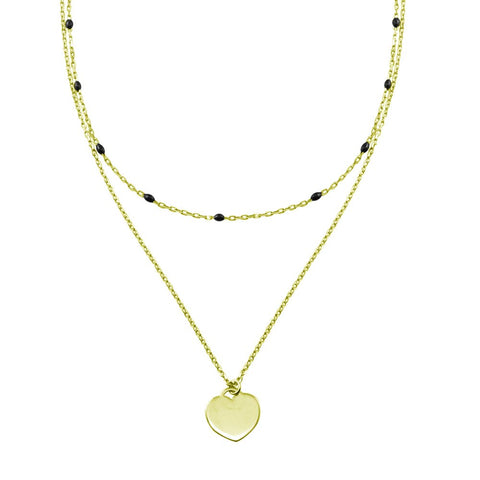 Sterling Silver Gold Plated Multi Chain Black Enamel Beaded Heart  Necklace