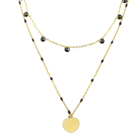 Sterling Silver Gold Plated Multi Chain Black CZ Enamel Beaded Heart Necklace