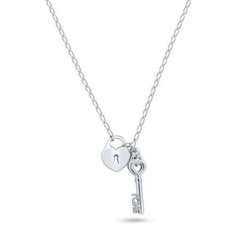 Sterling Silver Rhodium Plated Medium Love Key And Heart Lock Necklace