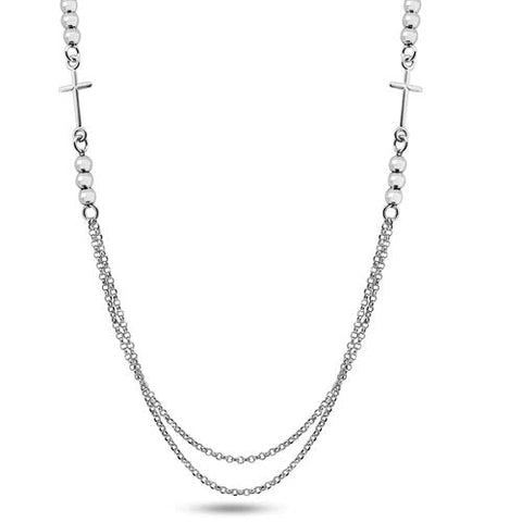 Sterling Silver Rhodium Plated Multi Chain Beaded Cross Necklace