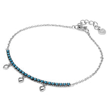 Load image into Gallery viewer, Sterling Silver Rhodium Plated Turquoise Stones With Hanging Hearts Bracelet