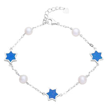 Load image into Gallery viewer, Sterling Silver Rhodium Plated Fresh Water Mother of Pearl With Blue Enamel Star Bracelet