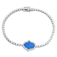 Load image into Gallery viewer, Sterling Silver Rhodium Plated Round CZ Tennis Bracelet with Blue Enamel Hamsa