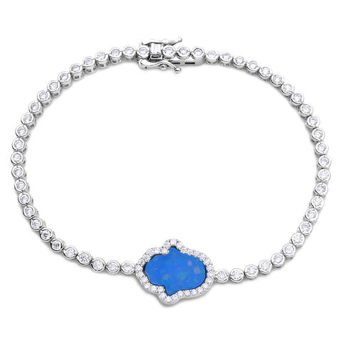 Sterling Silver Rhodium Plated Round CZ Tennis Bracelet with Blue Enamel Hamsa