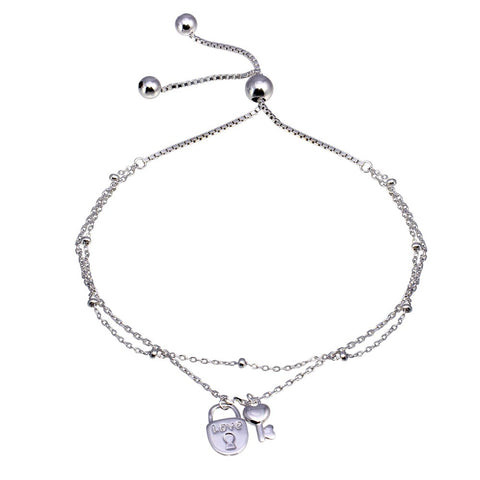 Sterling Silver Rhodium Plated Layered Lock and Key Chain Lariat Bracelet