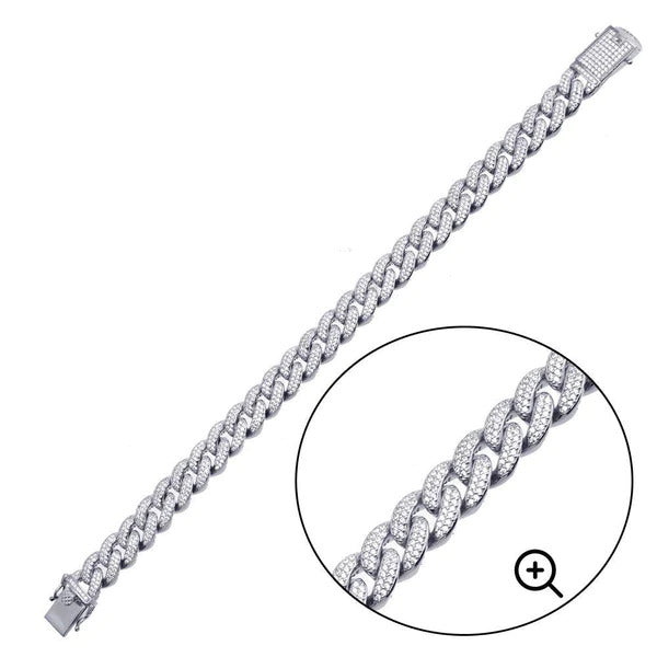 Sterling Silver Rhodium Plated CZ Encrusted Miami Cuban Link Bracelet-11.5mm