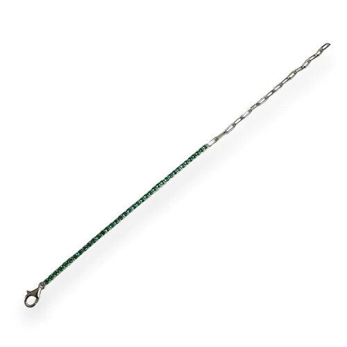 Sterling Silver Rhodium Plated Green CZ Paperclip 2.3mm Tennis Bracelet