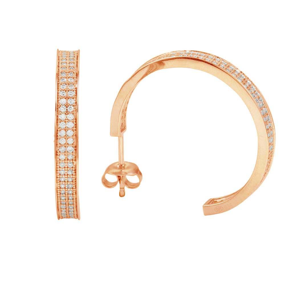 Sterling Silver Nickel Free Rose Gold Plated Channel Clear CZ Hoop Earring