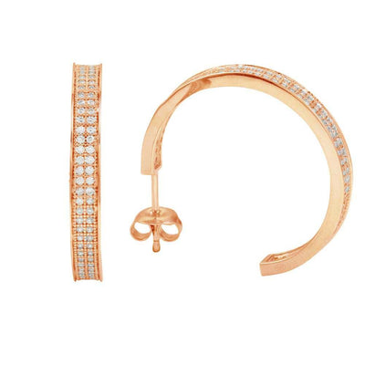 Sterling Silver Nickel Free Rose Gold Plated Channel Clear CZ Hoop Earring