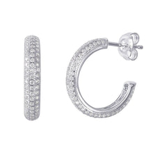 Load image into Gallery viewer, Sterling Silver Rhodium Plated Classy Micro Pave Half Hoop Stud Earring with Friction Back PostAnd Earring Dimensions of 17MMx3MM