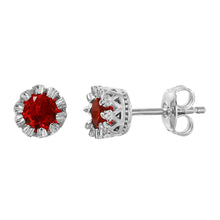 Load image into Gallery viewer, Sterling Silver Rhodium Plated Crown Design with Round Red CZ Stud Earrings and Friction Back Post
