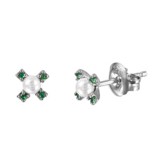 Load image into Gallery viewer, Sterling Silver Rhodium Plated Green CZ Flower Studs with Synthetic Pearl Earrings