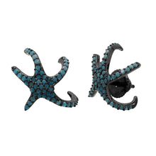 Load image into Gallery viewer, Sterling Silver Black Rhodium Plated Hugging CZ Starfish With Turquoise Stones Earrings