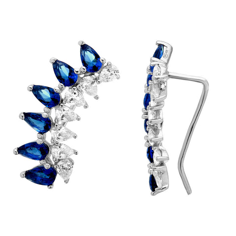 Sterling Silver Rhodium Plated Pear Shape Clear And Blue CZ Climbing Earrings
