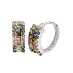 Sterling Silver Rhodium Plated Multi-Colored CZ Stone Huggie Earrings