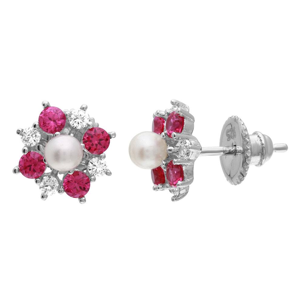 Sterling Silver Rhodium Plated Red CZ Flower Earrings With Center Fresh Water Pearl