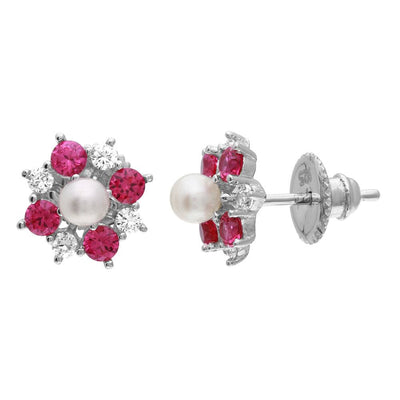 Sterling Silver Rhodium Plated Red CZ Flower Earrings With Center Fresh Water Pearl