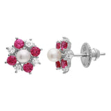 Sterling Silver Rhodium Plated Red CZ Flower Earrings With Center Fresh Water Pearl