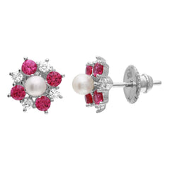 Sterling Silver Rhodium Plated Red CZ Flower Earrings With Center Fresh Water Pearl