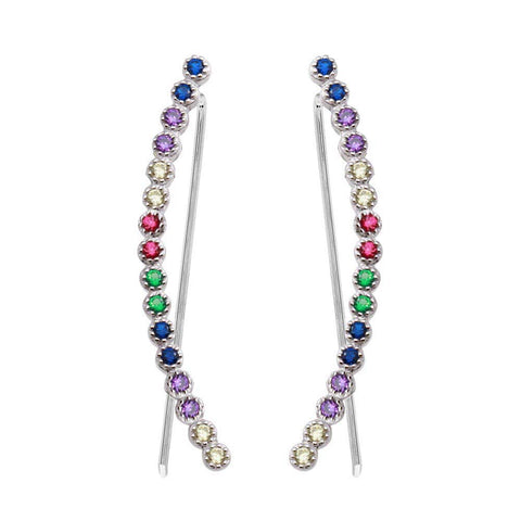 Sterling Silver Rhodium Plated Multi-Colored CZ Stone Climbing Earrings