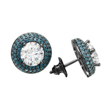 Load image into Gallery viewer, Sterling Silver Black Rhodium Plated Halo Round Shaped Stud Earrings With Blue CZ