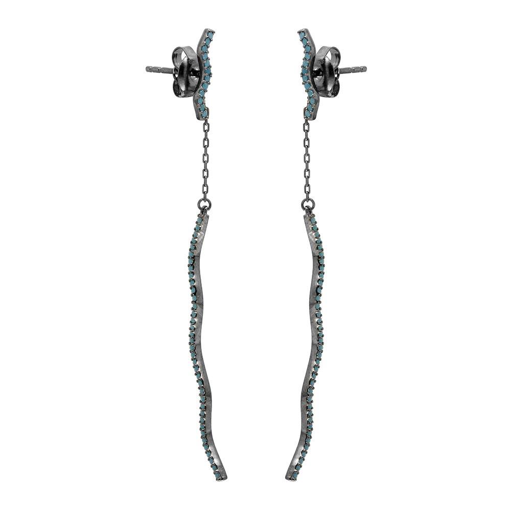 Sterling Silver Black Rhodium Hanging Wavy Turquoise Stones Drop Earrings