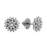 Sterling Silver Rhodium Plated Encrusted Flower Shaped Stud Earrings With CZ Stones