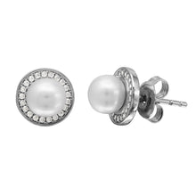 Load image into Gallery viewer, Sterling Silver Rhodium Plated Halo CZ Stud Earrings with Fresh Water Center Pearl