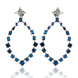Sterling Silver Rhodium Plated Dangling Teardrop Earrings With Blue And Clear CZ