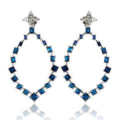 Sterling Silver Rhodium Plated Dangling Teardrop Earrings With Blue And Clear CZ