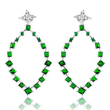 Sterling Silver Rhodium Plated Dangling Teardrop Earrings With Green And Clear CZ