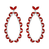 Sterling Silver Rhodium Plated Hanging Oval Shaped Earrings With Red And Clear CZ