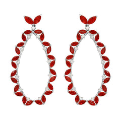 Sterling Silver Rhodium Plated Hanging Oval Shaped Earrings With Red And Clear CZ