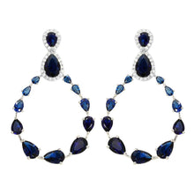Load image into Gallery viewer, Sterling Silver Rhodium Plated Teardrop With Open Hanging Graduated Earrings With Blue And Clear CZ