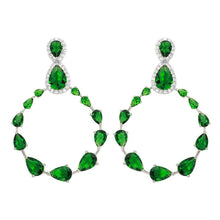 Load image into Gallery viewer, Sterling Silver Rhodium Plated Teardrop With Open Hanging Graduated Earrings With Green And Clear CZ