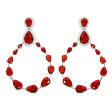 Load image into Gallery viewer, Sterling Silver Rhodium Plated Teardrop With Open Hanging Graduated Earrings With Red And Clear CZ