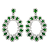 Sterling Silver Rhodium Plated Open Oval Shaped Hanging Earrings With Green And Clear CZ