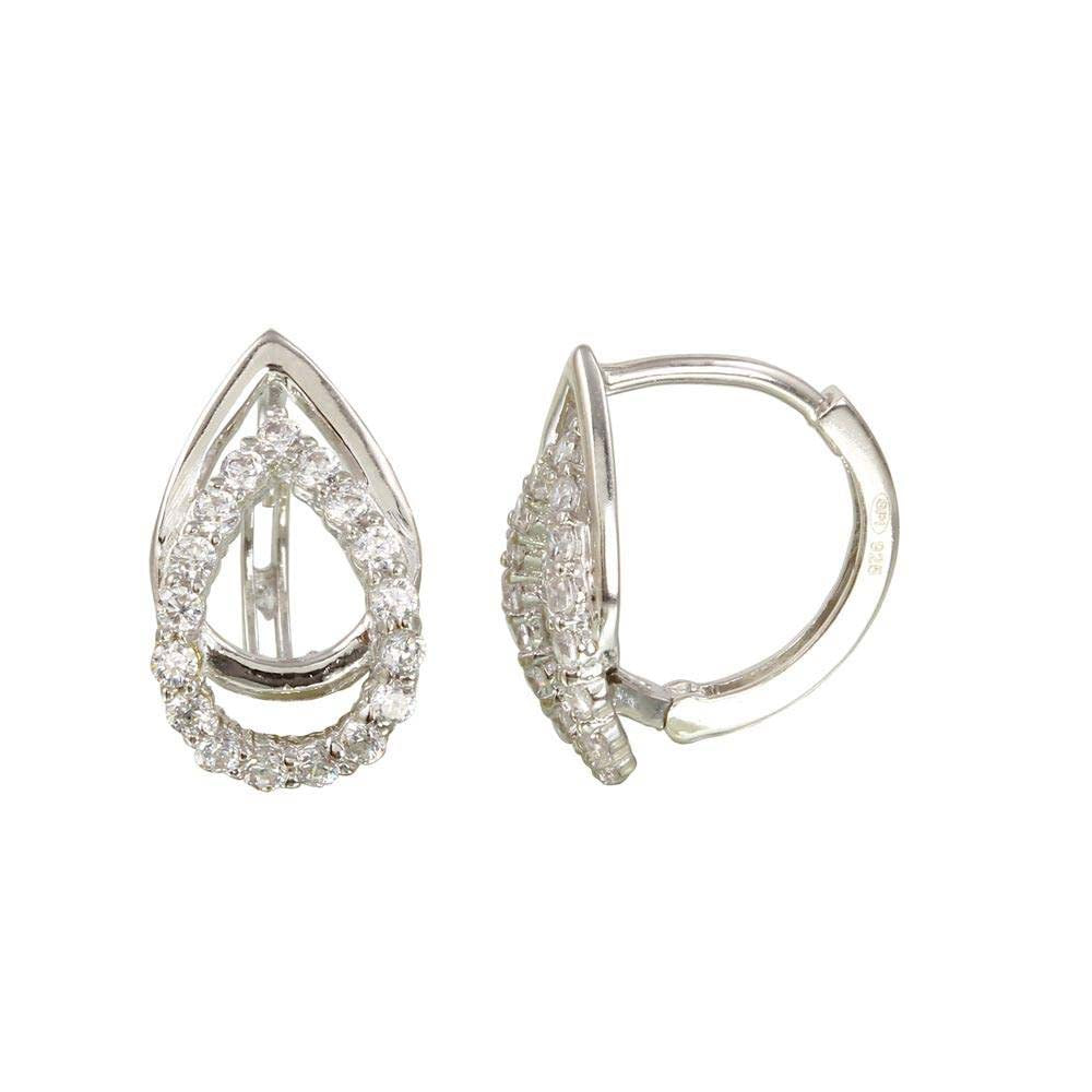 Sterling Silver Nickel Free Rhodium Plated Open Teardrop Huggie Earrings With CZ Stones