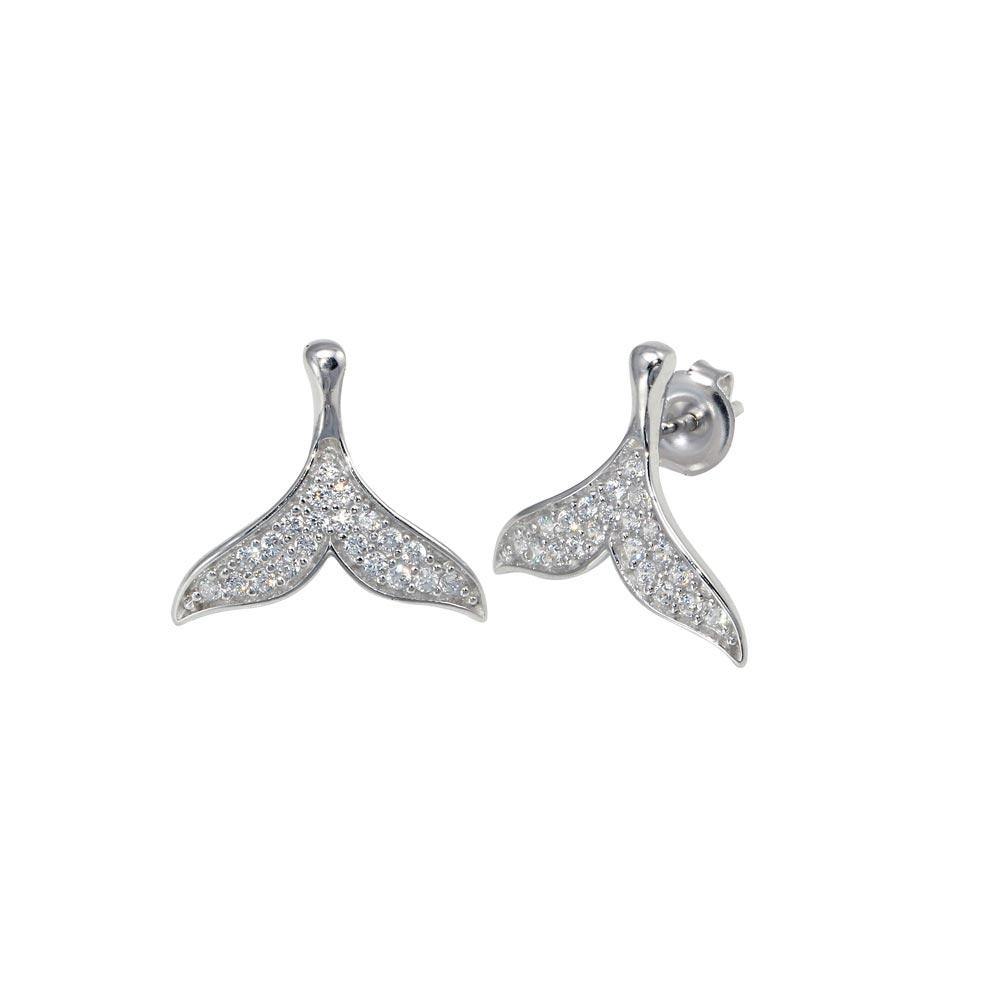 Sterling Silver Rhodium Plated CZ Whale Tail Stud Earrings